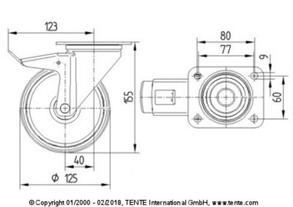 Колесо поворотное с тормозом 3477 PJP 125 P62 BLUE TENTE 