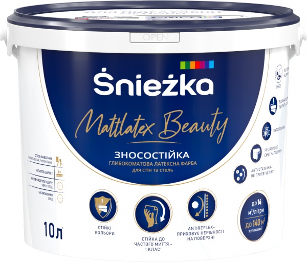 Фарба латексна водоемульсійна Sniezka Mattlatex Beauty глибокий мат білий 10л 13,7кг 