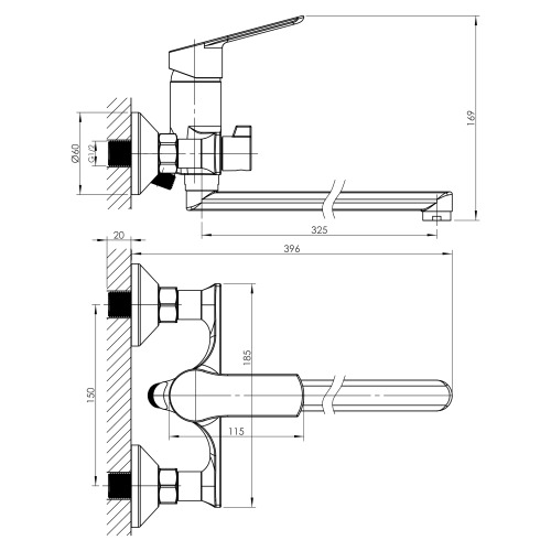 Змішувач для ванни Imprese LESNA L-вилив 400 мм, хром