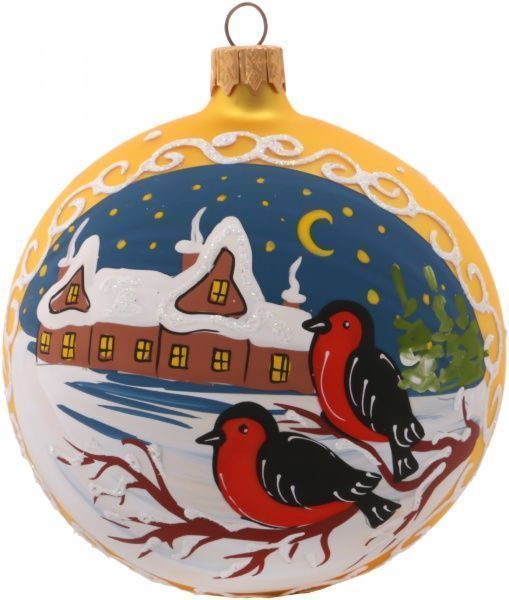 Шар стеклянный d100 Снегири с домиком желтый