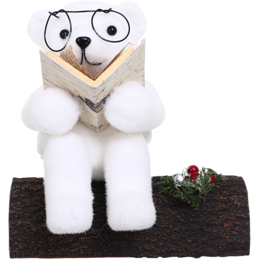Декорация новогодняя мишка читает на пеньке белый 24х20 см.