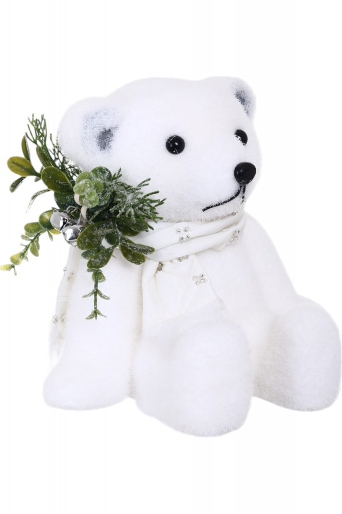 Декорація новорічна ведмежа сидячий з декором білий 15х18 см