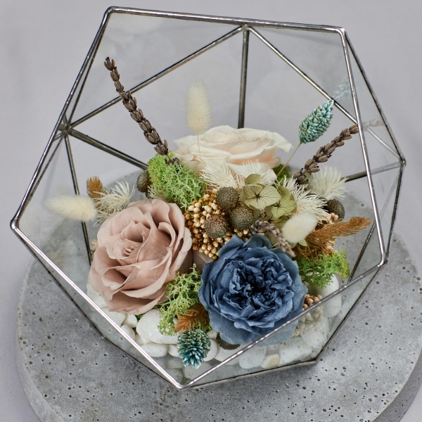 Флорариум Floretta Жемчужная нежность (с живыми стабилизированными цветами 20x20 см)