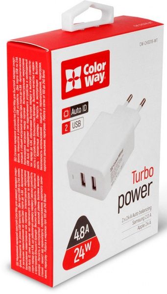 Сетевое зарядное устройство ColorWay 2USB AUTO ID 4.8A 20W (CW-CHS016-WT) 