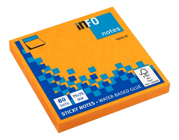 Блоки паперові самоклейкі Notes 75х75х80 neon orange INFO