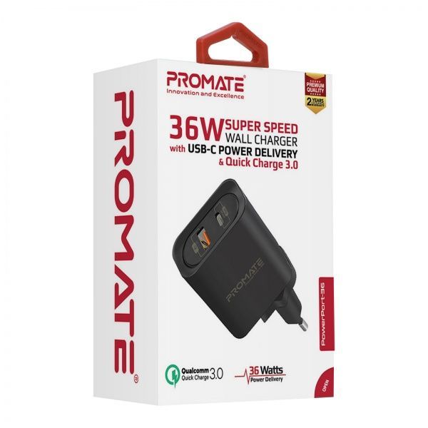 Зарядное устройство Promate PowerPort-36 36Вт Type-C PD + USB QC3.0 Black