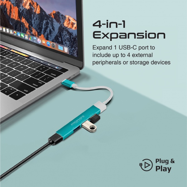 USB-хаб Promate USB-С LiteHub-4 3xUSB 2.0 + USB 3.0 blue