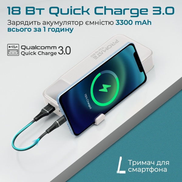 Универсальная мобильная батарея Promate 20000 mAh white (torq-20.white) USB-C PD, USB-А QC3.0 