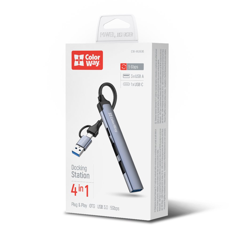 USB-хаб ColorWay USB-A/USB-C 4-в-1 USB2.0х2/USB3.0/USB-C2.0 grey (CW-HUB06)
