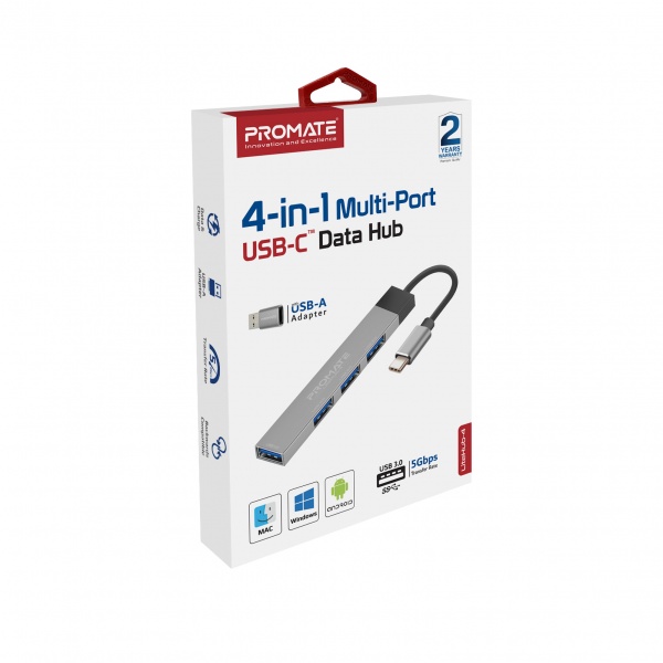 USB-хаб Promate USB-С LiteHub-4 3xUSB 2.0 + USB 3.0 grey