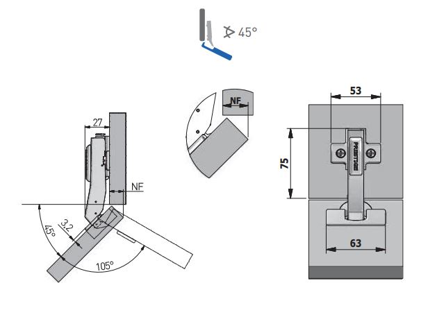 Петля кутова GTV 45° СLIP ON з доводчиком + монтажна планка ZM-HCKT45-BE-S