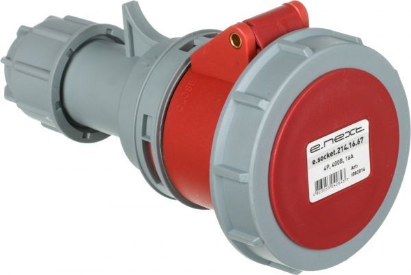 Розетка силовая переносная с заземлением E.NEXT e.socket.214.16.67, 4п., 400В, 16А , IP 67 серый с красным i082014