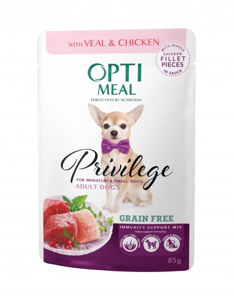 Корм Optimeal Privilege Grain Free для взрослых собак маленьких пород с телятиной и куриным филе в соусе