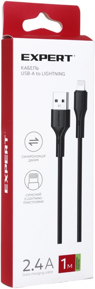 Кабель Expert USB-A to Lightning 2.4А 1 м black
