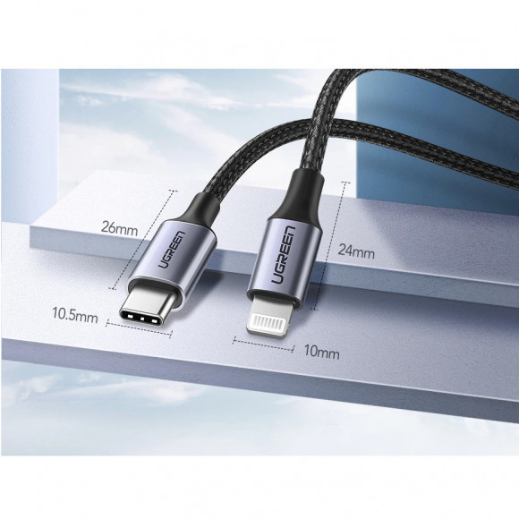 Кабель UGREEN US304 USB Type-C Male to Lightning Male Cable Aluminum Shell Braided 3A 1,5 м black (60760) 