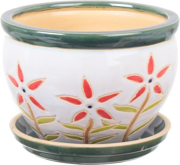 Горшок Viet Thanh Ceramic с блюдцем цветок 23х16 см VT.10633-2 круглый белый с красным 