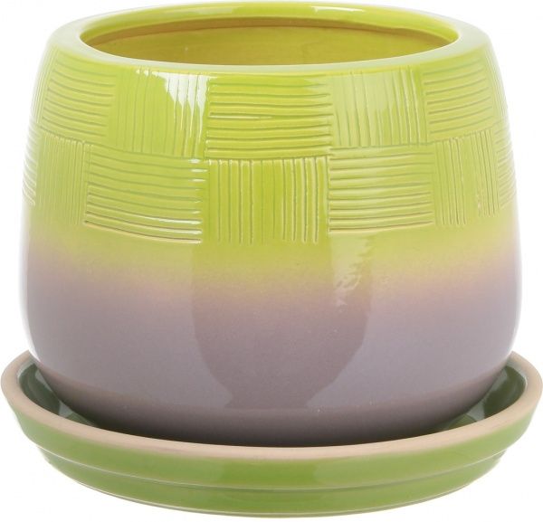 Горшок Viet Thanh Ceramic с блюдцем гармония 34х27 см VT.11416-1 круглый серый с зеленым 