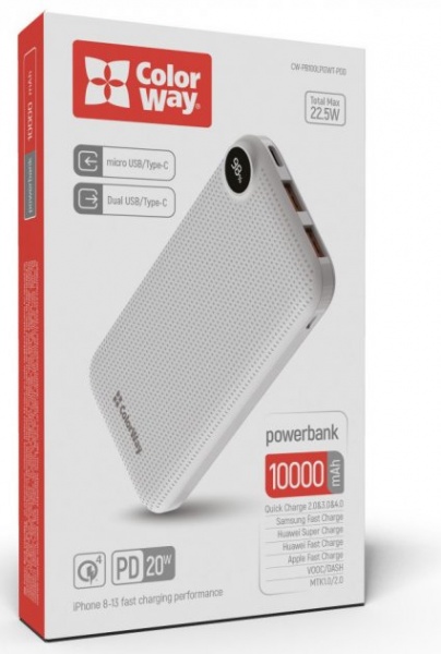 Внешний аккумулятор (Powerbank) ColorWay LCD USB QC3.0 + USB-C PD 22.5W 10000 mAh white (CW-PB100LPI3WT-PDD) 
