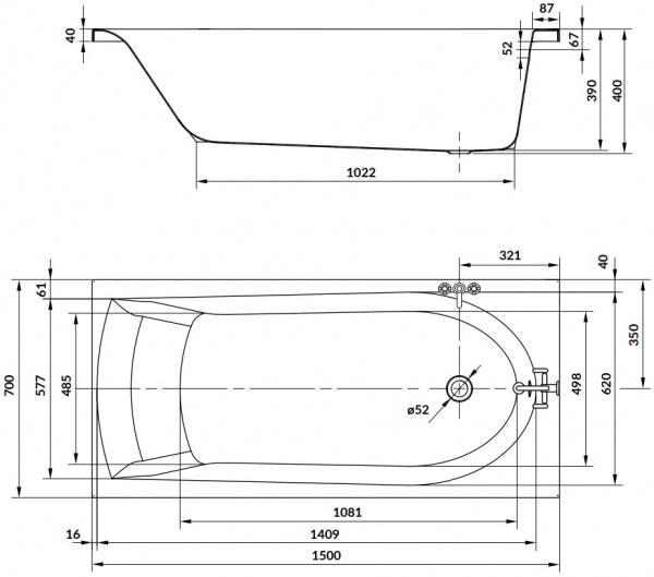 Ванна акриловая Cersanit IVA 150х70 см 