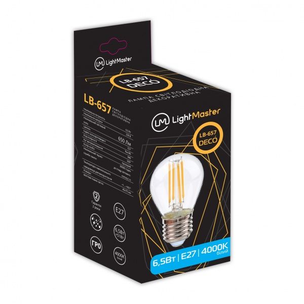 Лампа світлодіодна LightMaster FIL Deco 6,5 Вт E27 4000 К 220 В прозора LB-657 