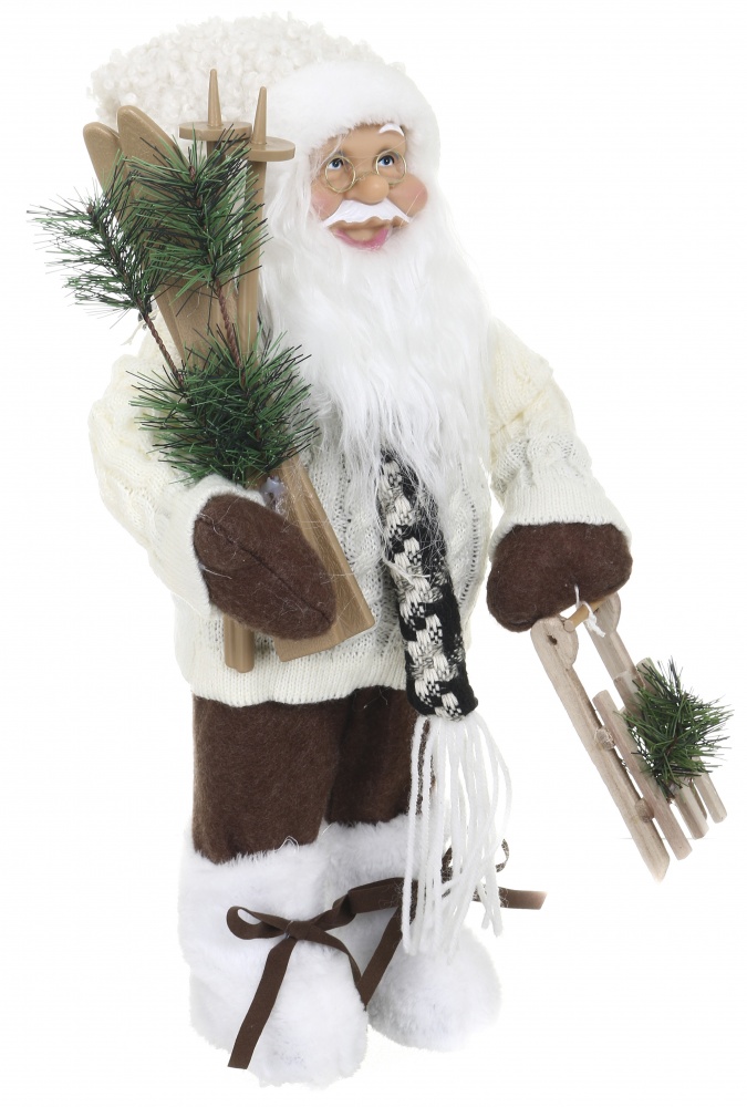 Декоративная новогодняя фигура Санта лесной с лыжами бело-коричневый 40 см