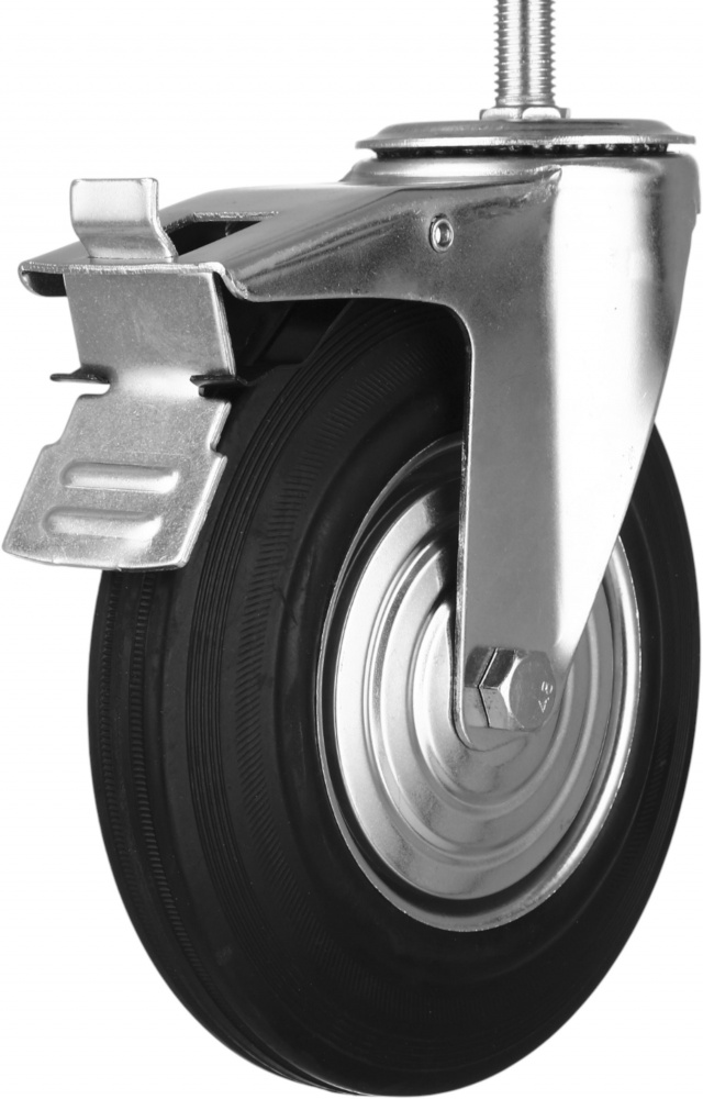 Колесо d200 мм резиновое поворотное с тормозом і резьбовым штырем M16
