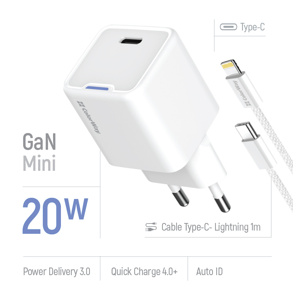 Зарядное устройство ColorWay GaN Mini 20W PD Port PPS USB-C белое cable Lightning (CW-CHS059PDL-WT)