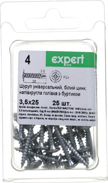 Шуруп універсальний напівкругла головка 3,5x25 мм 25 шт білий цинк Expert Fix