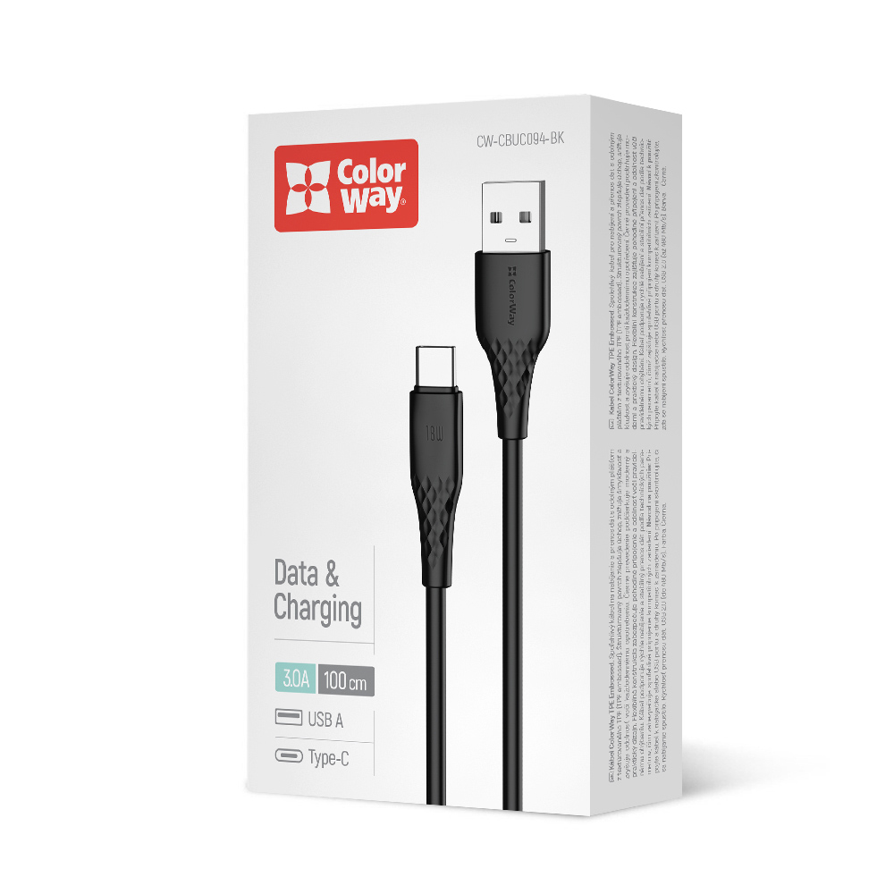 Дата-кабель ColorWay USB - Type-C (textured PVC) 3А 1 м black (CW-CBUC094-BK) — фото 1