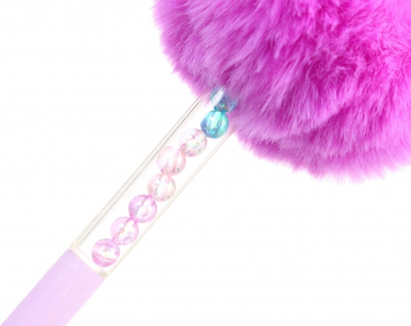 Ручка кулькова Пухнастий помпон з перлинами рожева 