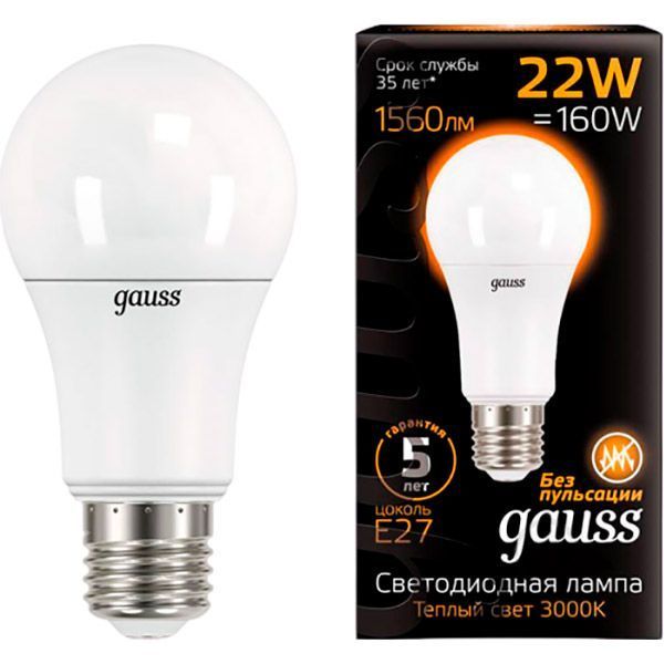 Лампа світлодіодна Gauss Black 22 Вт A70 матова E27 220 В 3000 К 
