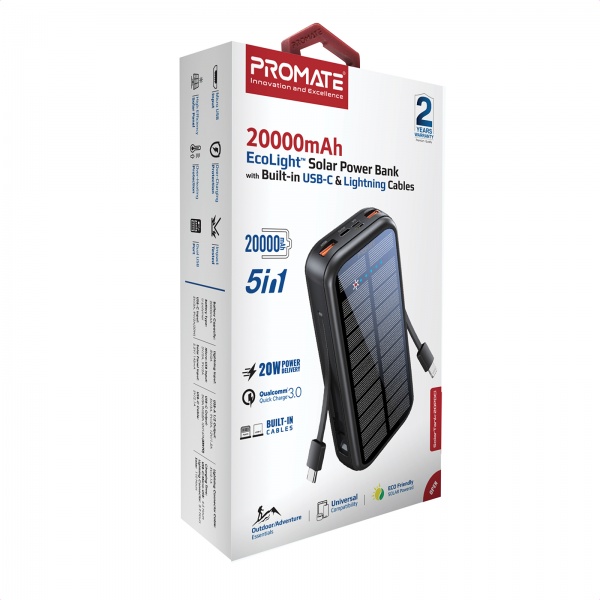 Універсальна мобільна батарея Promate 20000 mAh black (solartank-20pdci.black) SolarTank-20PDCi 20 000 mAh із сонячною