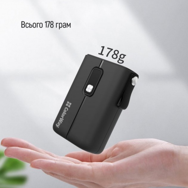 Внешний аккумулятор (Powerbank) ColorWay Full power Ligthning + USB QC3.0 + USB-C PD 22.5W 10000 mAh black (CW-PB100LPK2BK-PDD) 