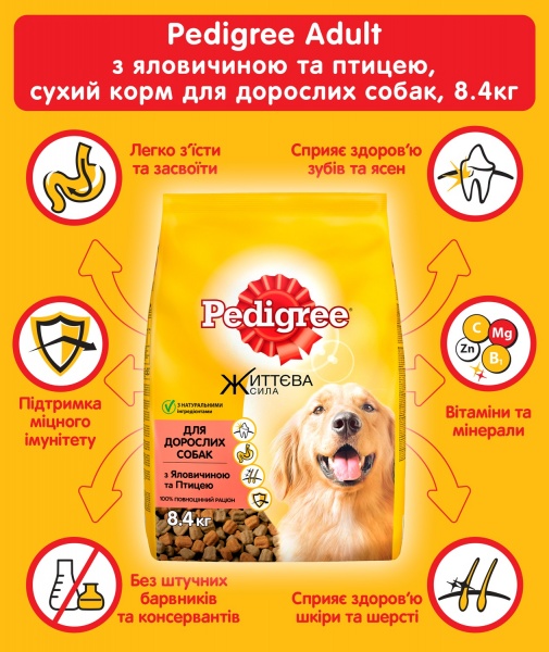 Корм сухий для дорослих собак для середніх порід Pedigree Яливичина та птиця 8 кг