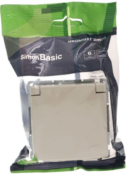 Розетка влагозащищенная с заземлением Simon Basic без шторок с крышкой кремовый BMGZ1B.01/12