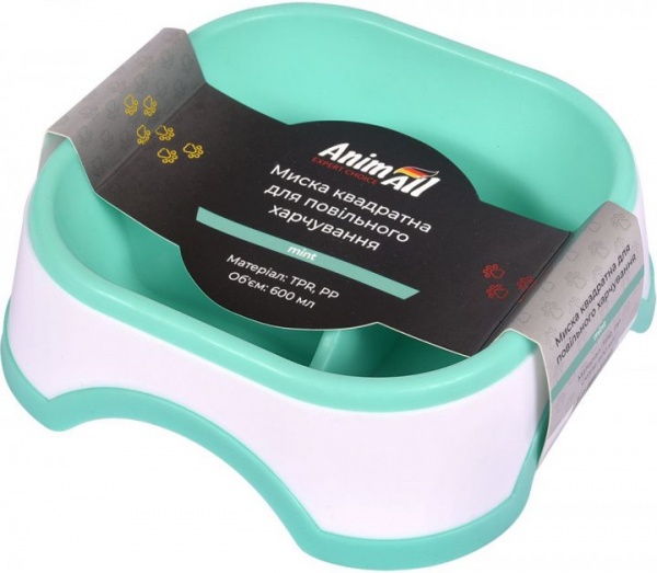 Миска AnimAll квадратная 0228 для медленного питания 600 мл мятная (6914068020228)