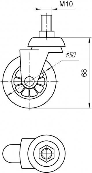 Ролик мебельный со штифтом М10 поворотный D50 Н68 Burak