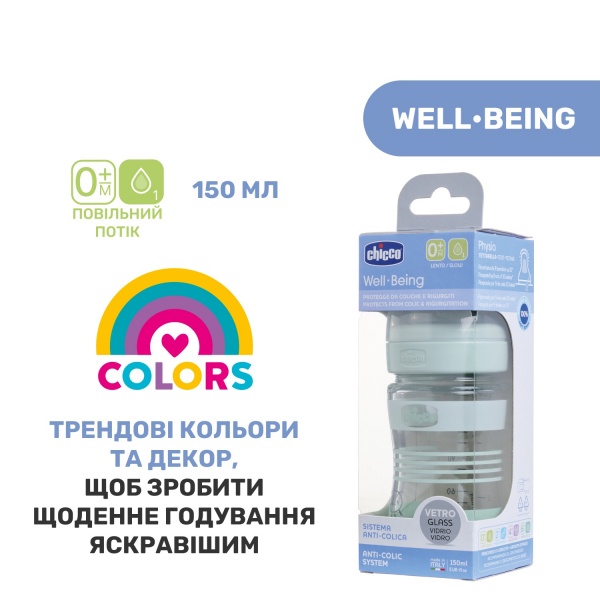 Пляшечка Chicco скляна Well-Being Colors 0м+ 150 мл (28711.31)