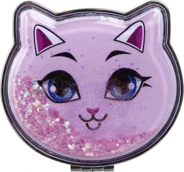 Зеркало карманное косметическое Лідер Канц Котик с сыпучими блестками фигурное 12 вариантов в ассортименте 