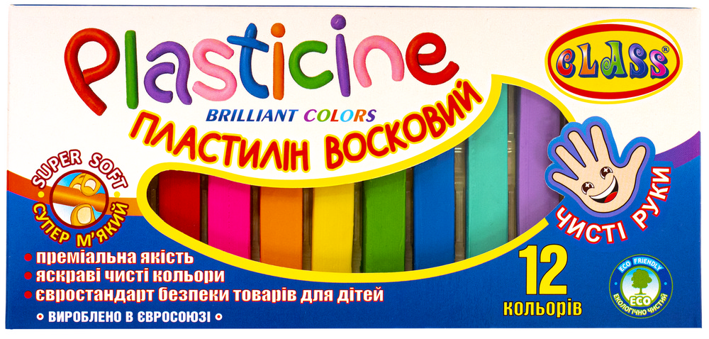 Пластилін восковий Чисті руки 12 кольорів квадратний 200 г 7627-2С CLASS