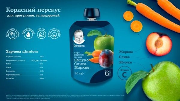 Пюре Gerber Яблуко, слива і морква 90 г 7613036345880 