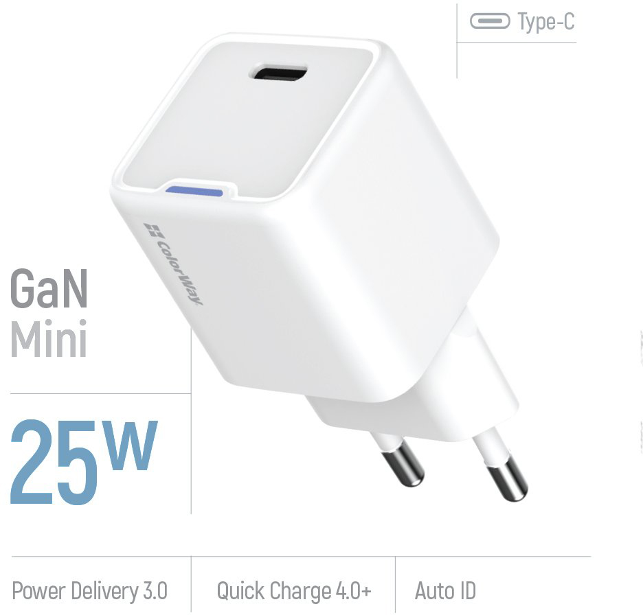 Мережевий зарядний пристрій ColorWay GaN Mini 25W PD USB-C white