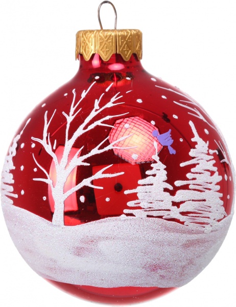 Куля новорічна з простим пейзажним малюнком d 80 мм помаранчевий