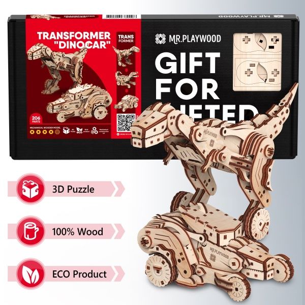 Деревянный 3D-конструктор Mr.Playwood Трансформер механический «Динокар» 10105