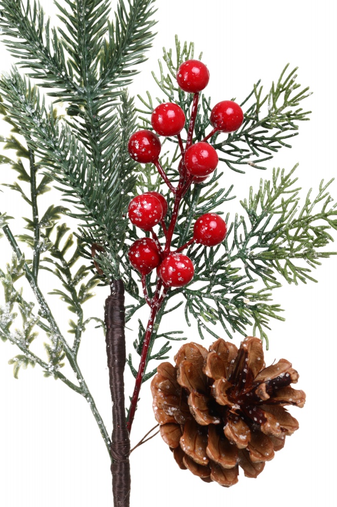 Веточка декоративная хвойная с шишкой и ягодами 45 см ESX24372