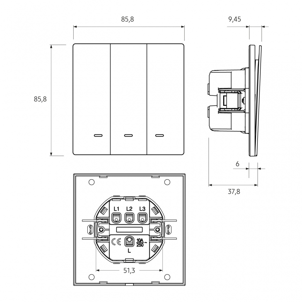 Вимикач триклавішний HausMark INO з підсвіткою сірий LS-3G LED-EU-Gray