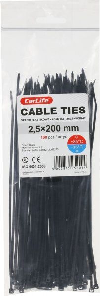 Стяжка кабельна CarLife 2,5х200мм чорна