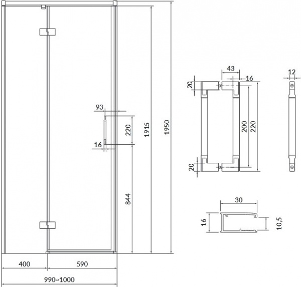Душевые двери Cersanit распашные Larga 100x195 левосторонние профиль черный 