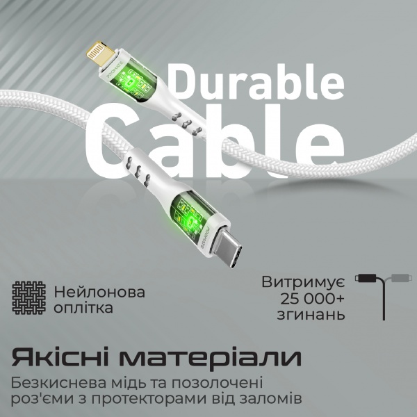 Кабель Promate TransLine-Ci USB-C to Lightning 27W Power Delivery 1,2 м білий (transline-ci.white) 