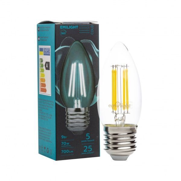 Лампа світлодіодна Emilight FIL CL C35 9 Вт E27 4000 К 220 В прозора 
